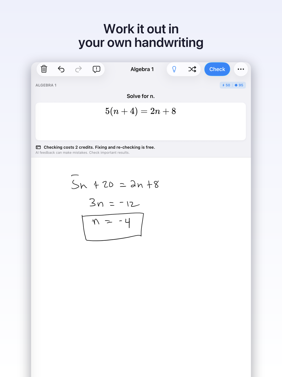 EulerPad running on iPad showing handwritten math tutoring