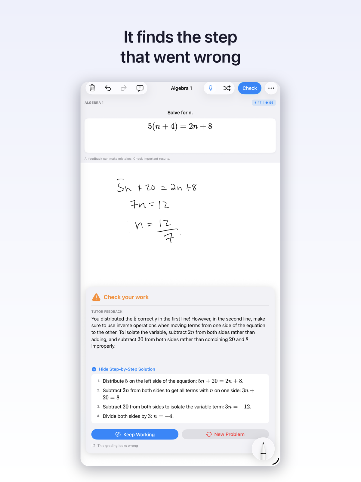 EulerPad teaching panel explaining the mistake
